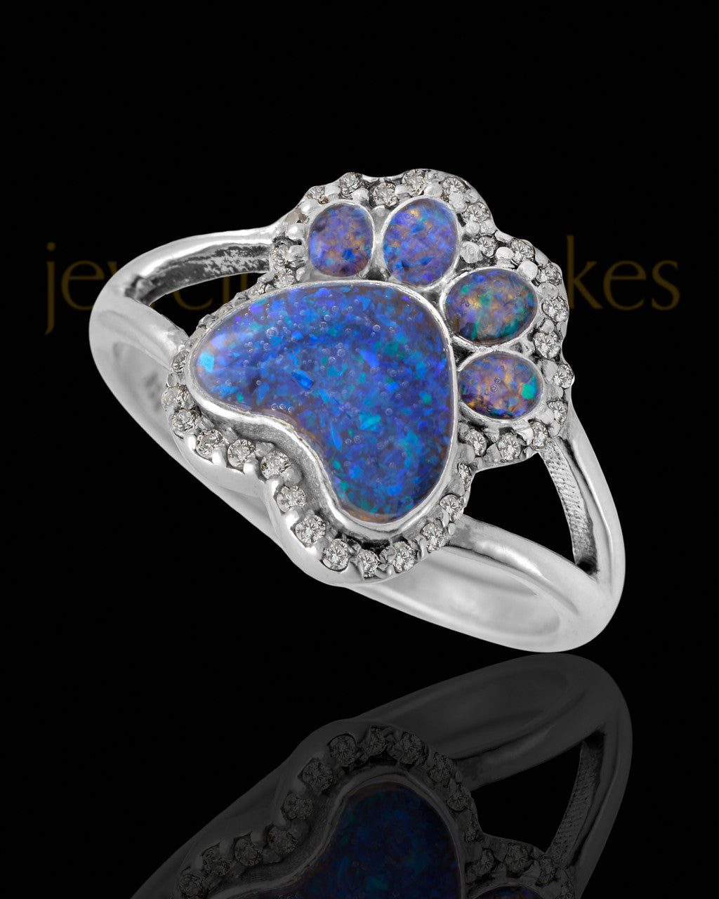 Ladies My Best Friend Paw Print Ocean Tide Opal Silver Ash Ring