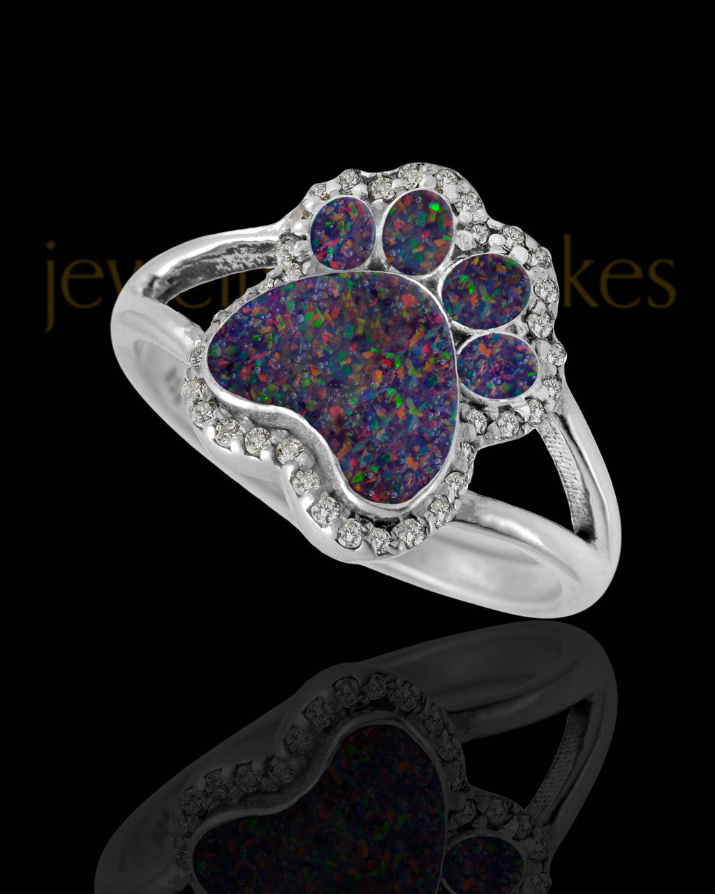 Ladies My Best Friend Paw Print Black Blaze Opal Silver Ash Ring