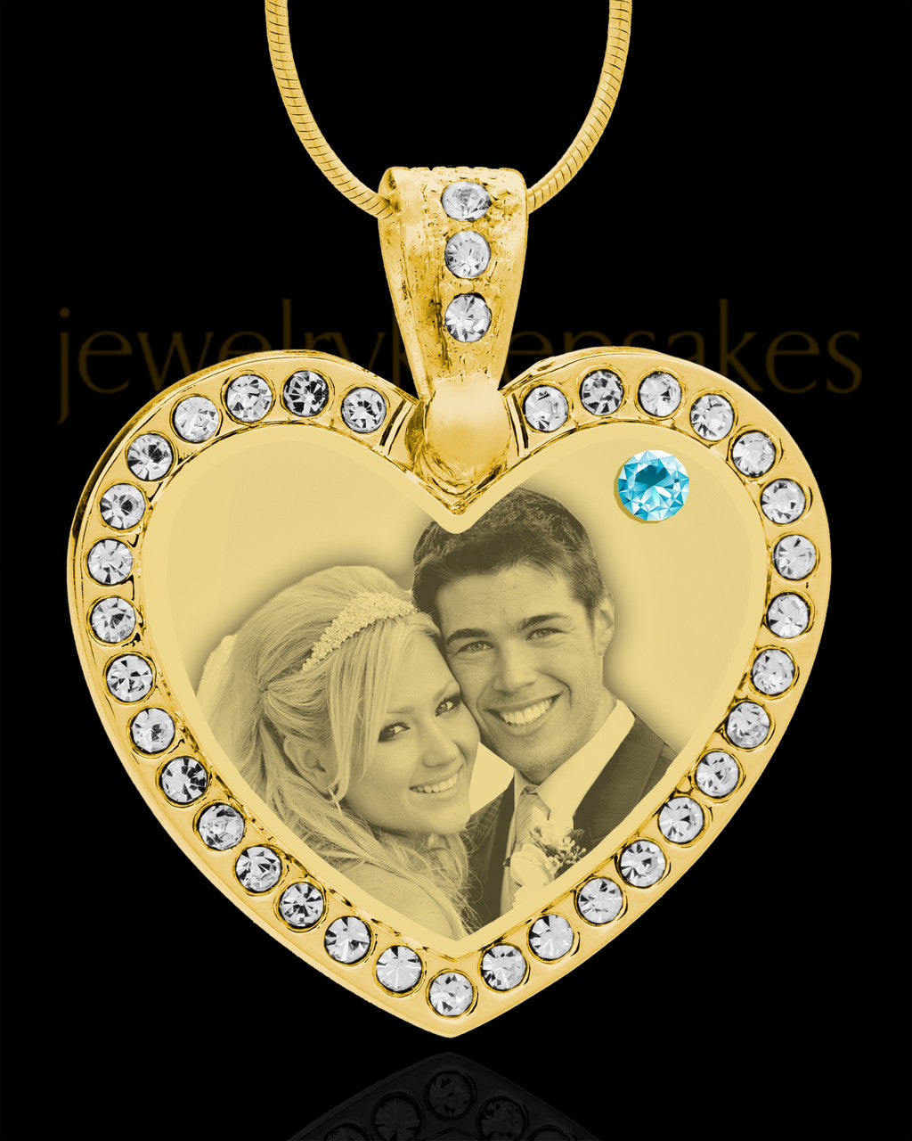 March Gold Gem Heart Birthstone Photo Engraved Pendant
