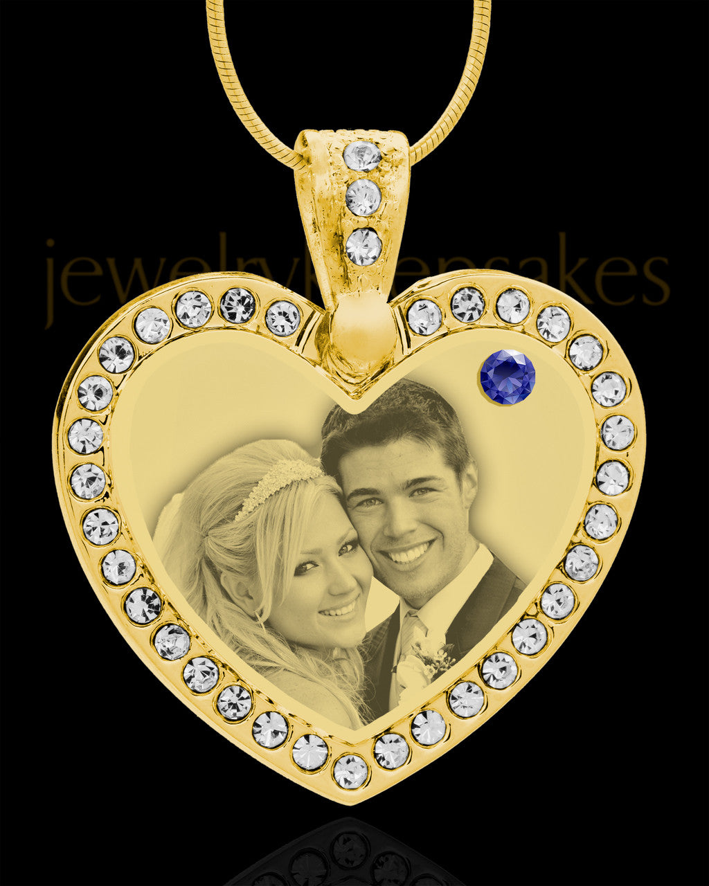 September Gold Gem Heart Birthstone Photo Engraved Pendant