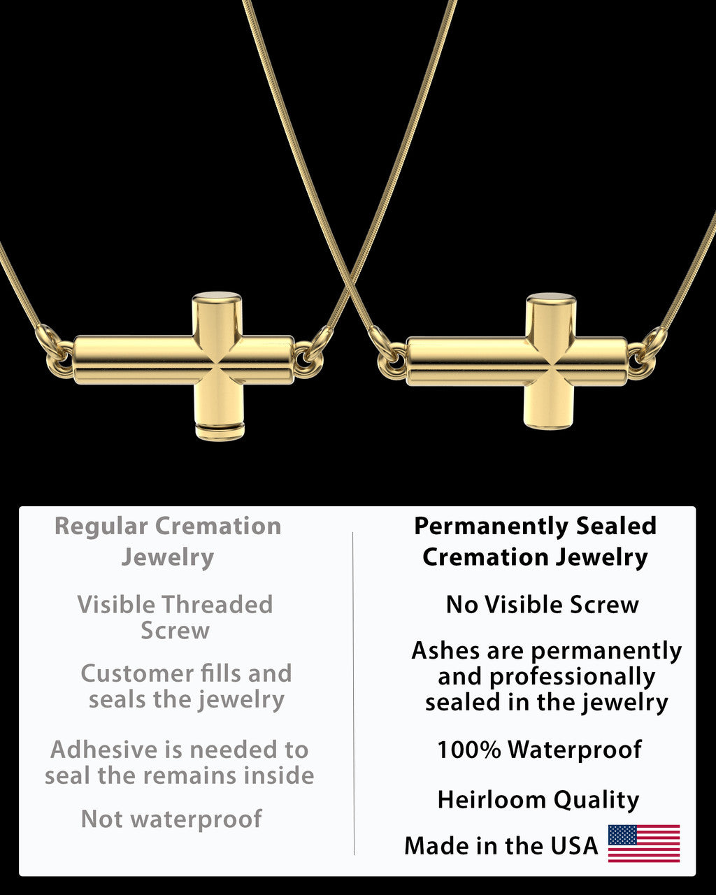 Gold Plated Horizontal Cross Permanently Sealed Waterproof Keepsake Jewelry