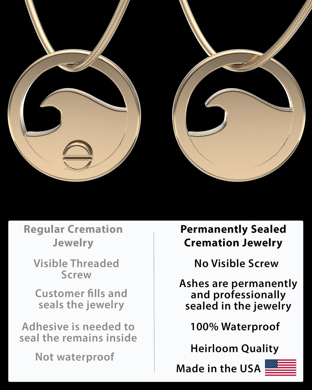 Solid 14k Gold Ocean Waves Permanently Sealed Keepsake Waterproof Jewelry