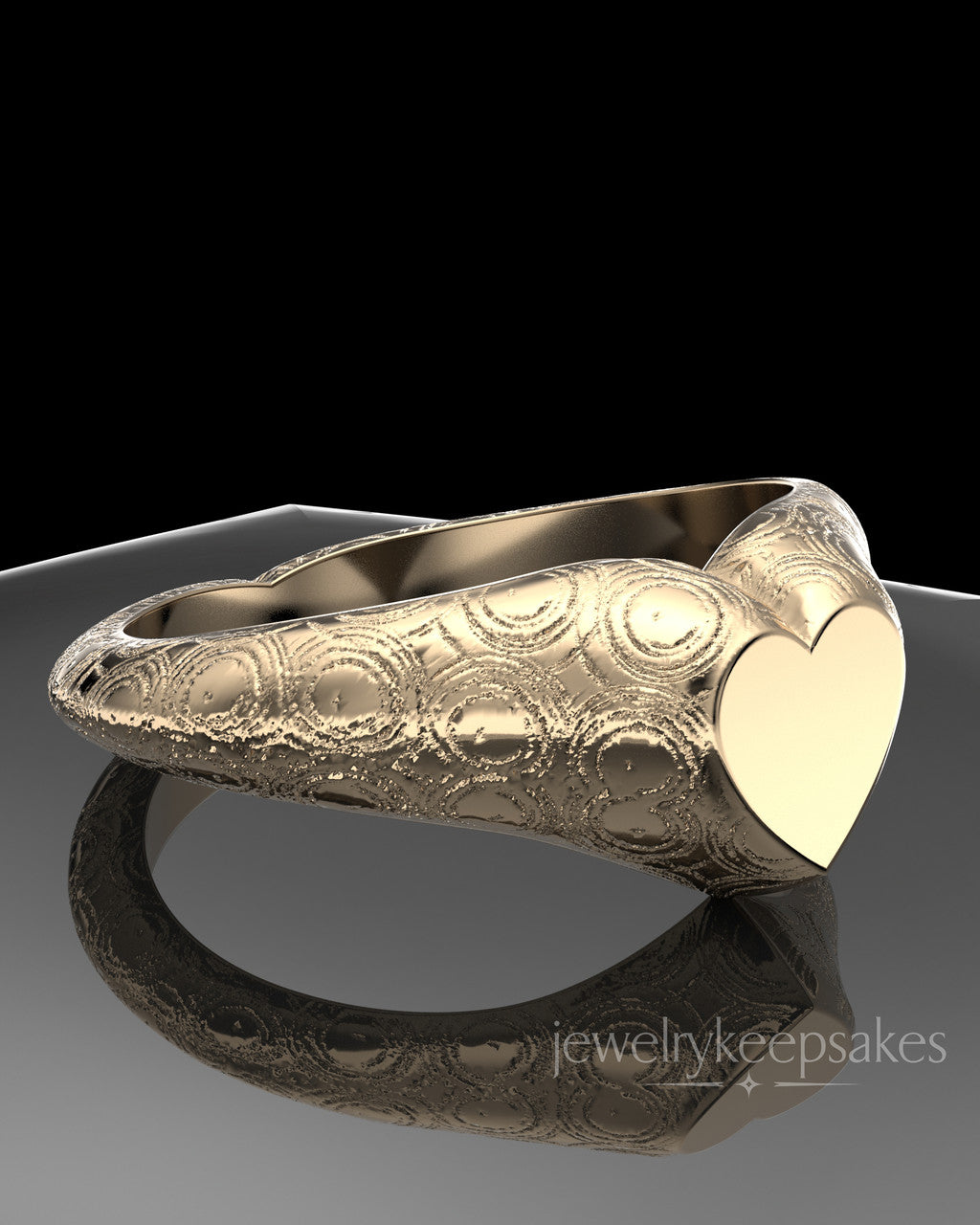 Solid 14K Yellow Gold Patterned Signet Permanently Sealed Waterproof Cremation Ring