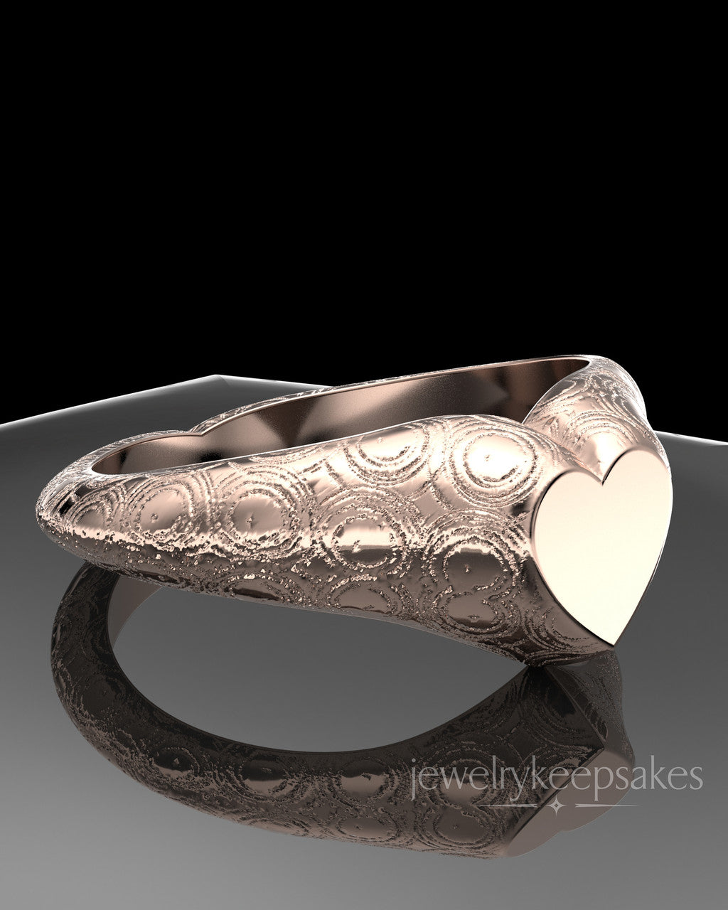 Solid 14K Rose Gold Patterned Signet Permanently Sealed Waterproof Cremation Ring
