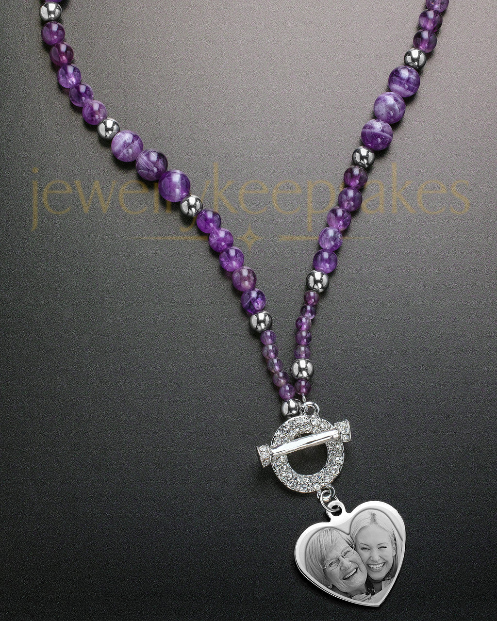 Iris Purple Bead Necklace and Heart Engraving Pendant