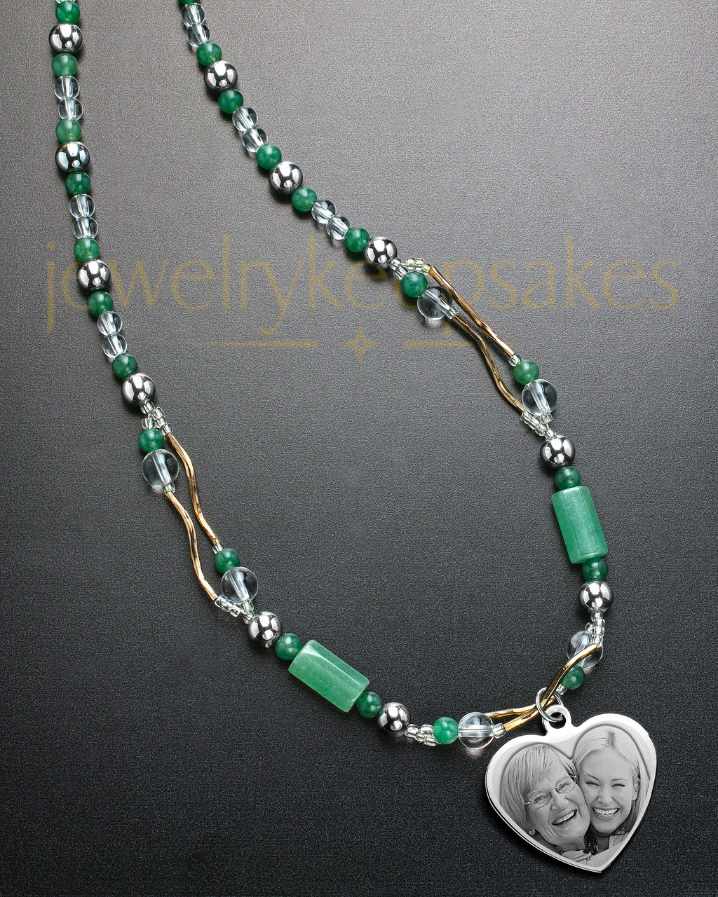 Molly Green Bead Necklace and Engraving Heart