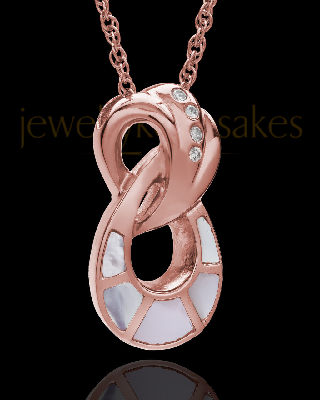Infinity with Swarovski Stones Mother of Pearl Ash Pendant in 14K Rose Gold