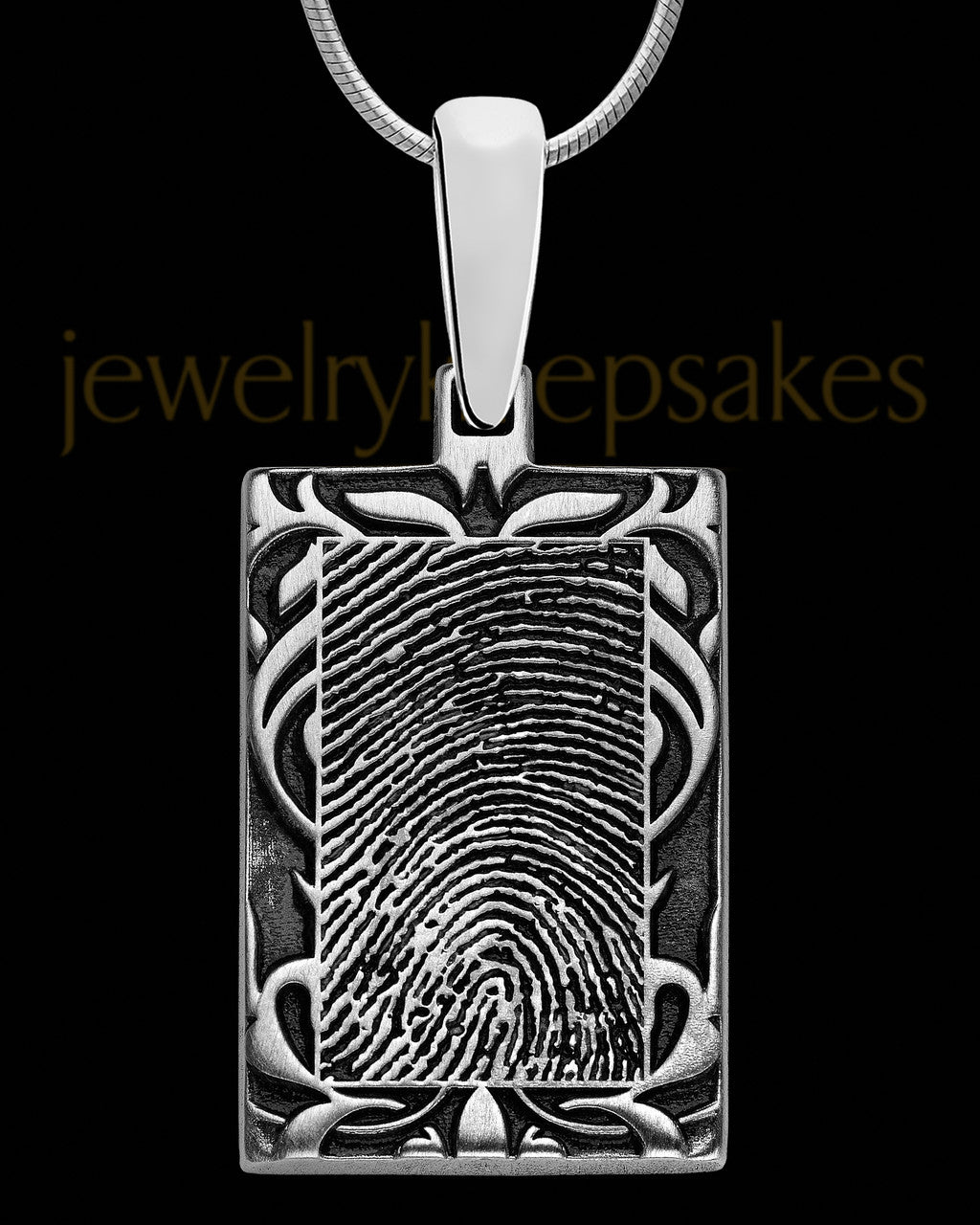 Filigree Rectangle Solid 14k White Gold Thumbprint Pendant
