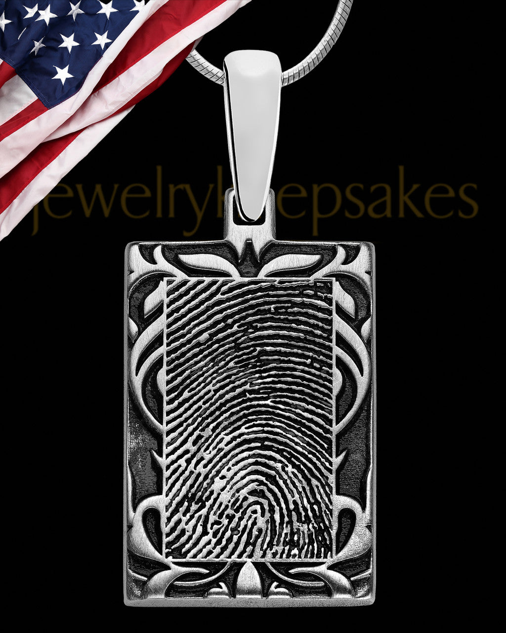 Filigree Rectangle Solid 14k White Gold Thumbprint Pendant