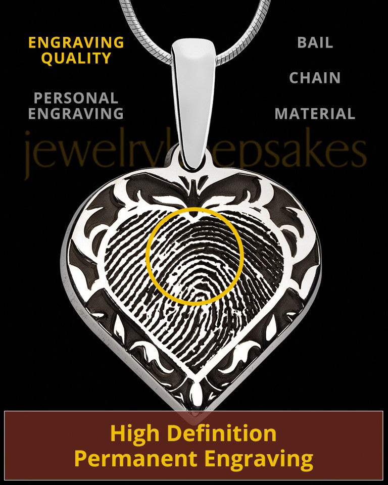 Solid 14k White Gold Fancy Filigree Heart Thumbprint Pendant