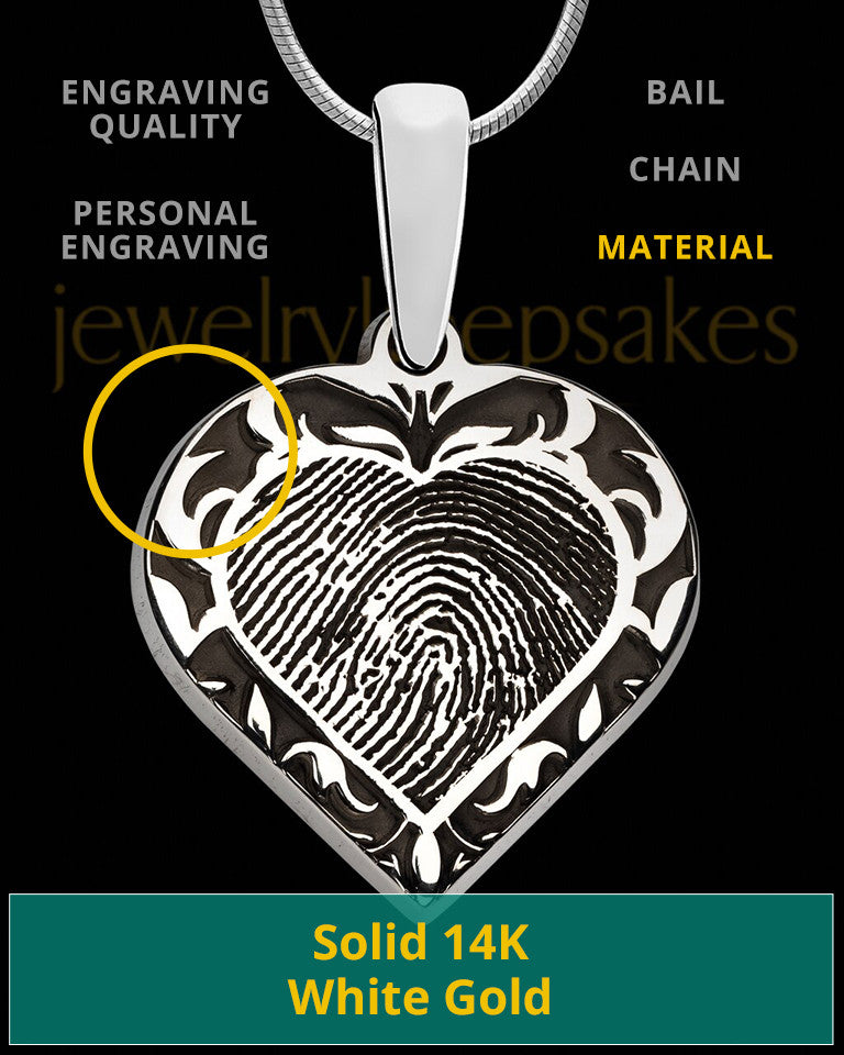 Solid 14k White Gold Fancy Filigree Heart Thumbprint Pendant