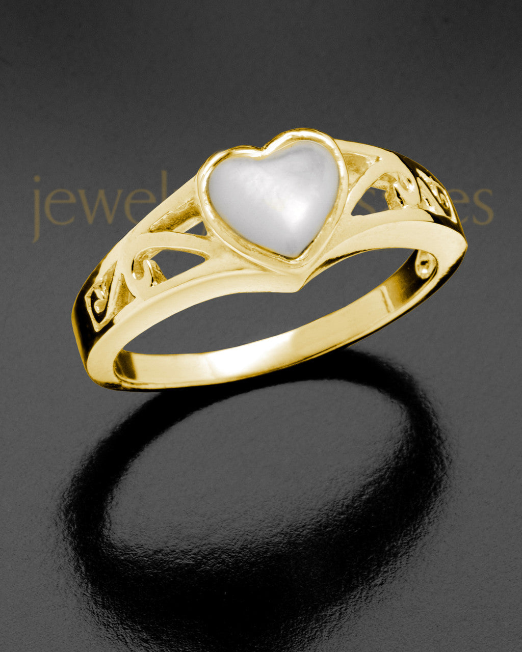 Ladies 14K Gold Mother Of Pearl Filigree Heart Ashes Ring