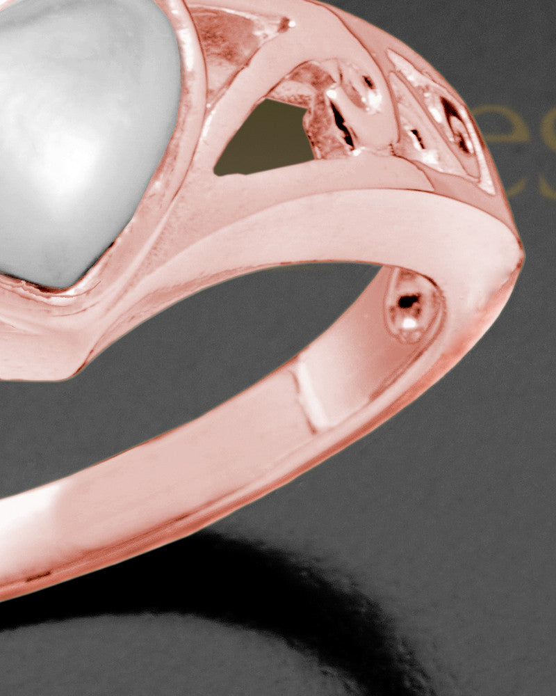 Ladies 14K Rose Gold Mother Of Pearl Filigree Heart Ashes Ring