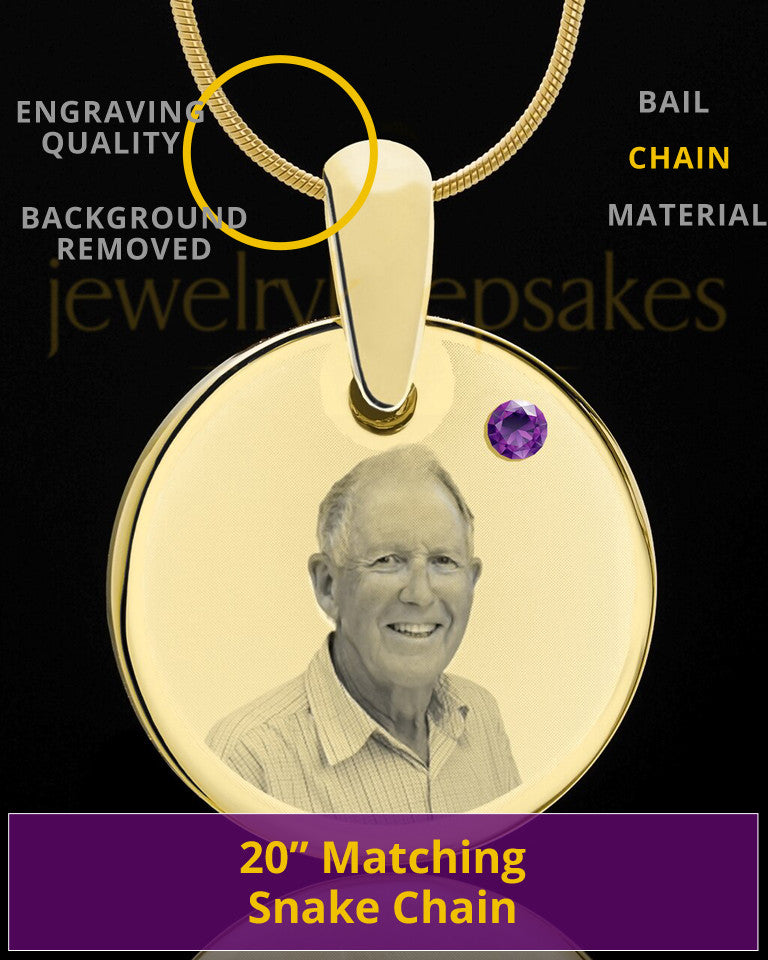 February Birthstone Gold Photo Round Pendant