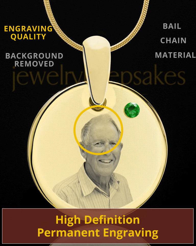 May Birthstone Gold Photo Round Pendant