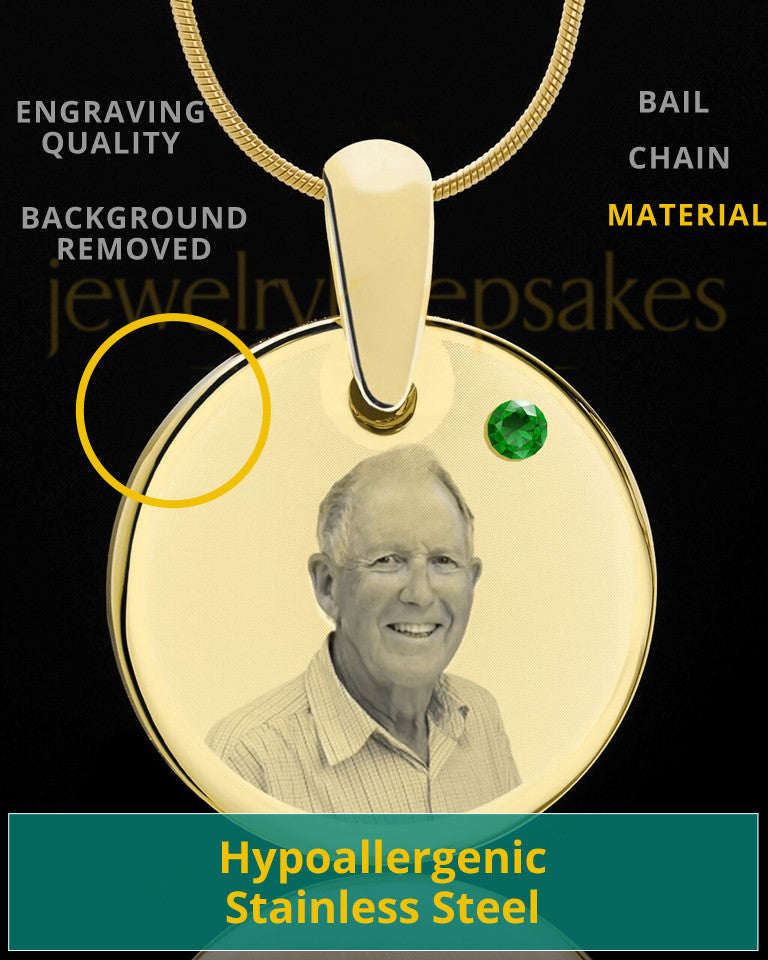 May Birthstone Gold Photo Round Pendant