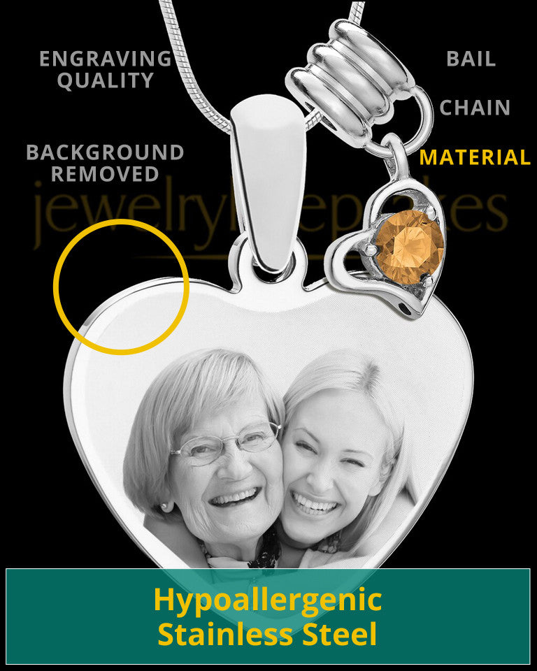 November Stainless Steel Memories Heart-Shaped Photo Engraved Pendant