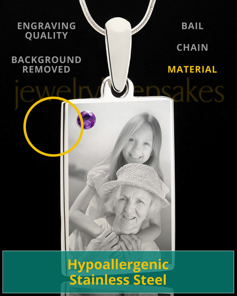 Photo Engraved February Birthstone Rectangle Pendant