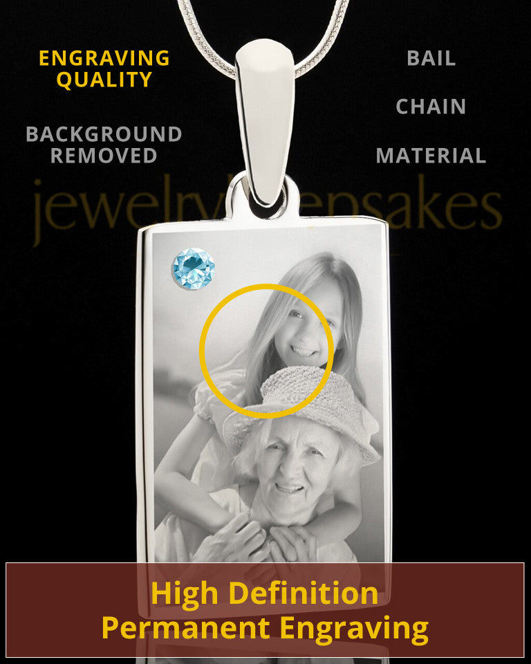 Photo Engraved March Birthstone Rectangle Pendant
