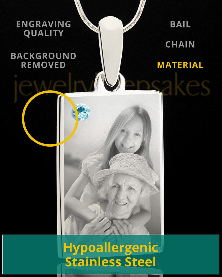 Photo Engraved March Birthstone Rectangle Pendant