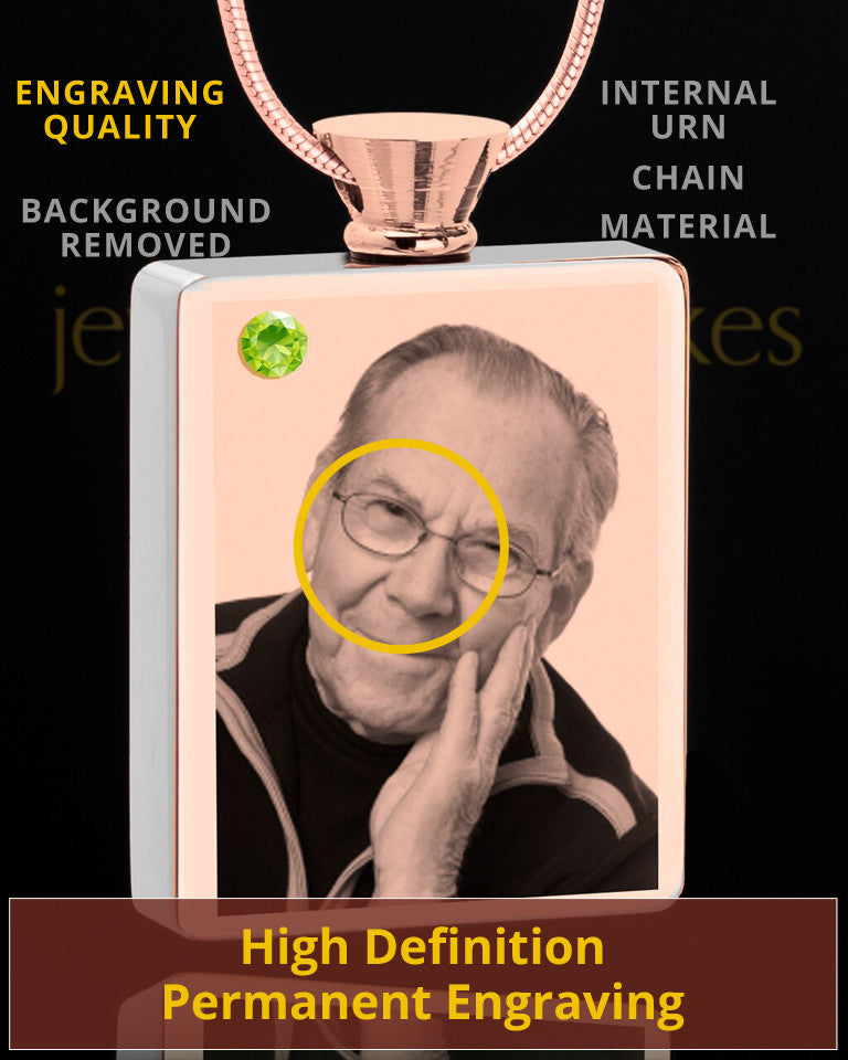 August Rose Gold Plated Photo Engraved Rectangle Cremation Pendant