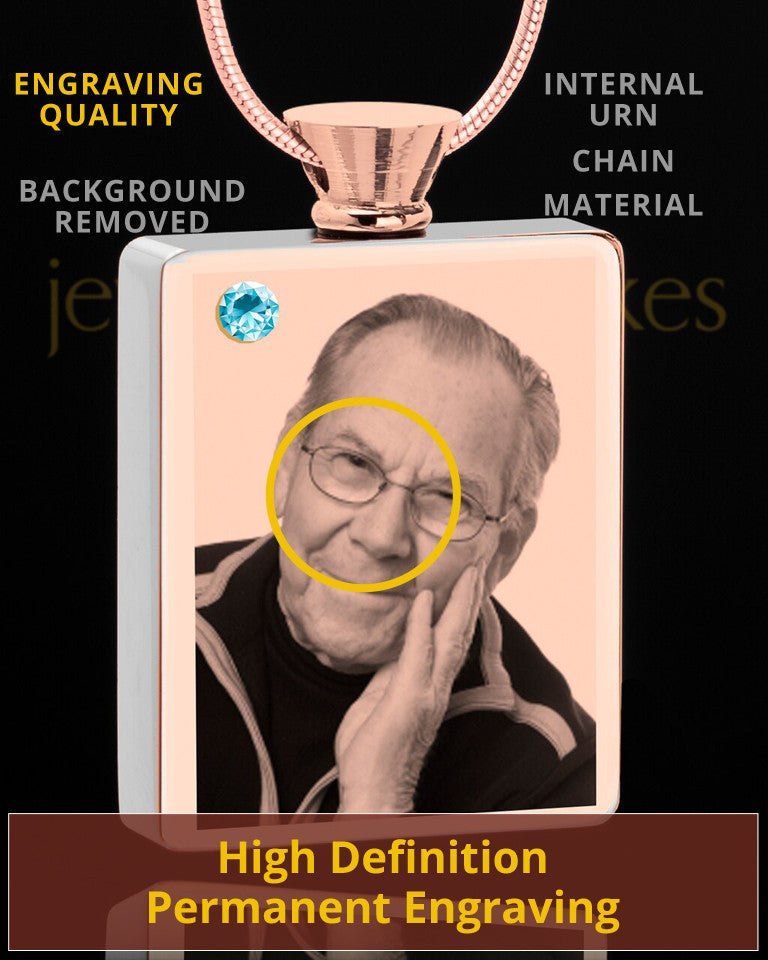 March Rose Gold Plated Photo Engraved Rectangle Cremation Pendant