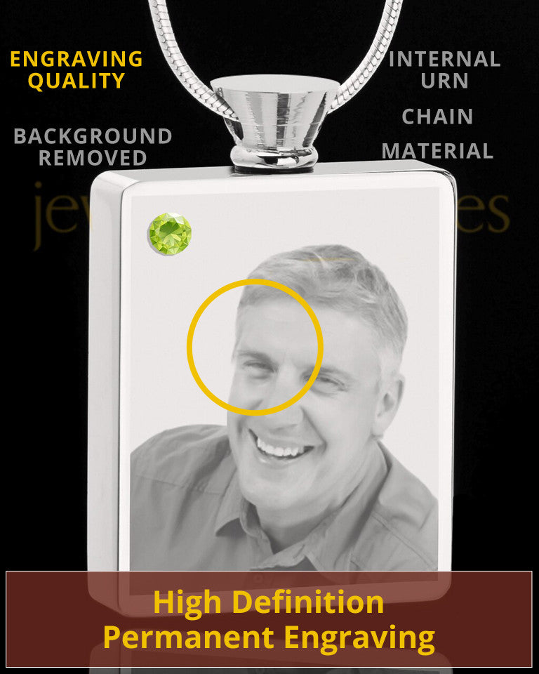 August Stainless Steel Photo Engraved Rectangle Cremation Pendant