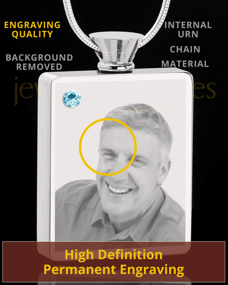 March Stainless Steel Photo Engraved Rectangle Cremation Pendant