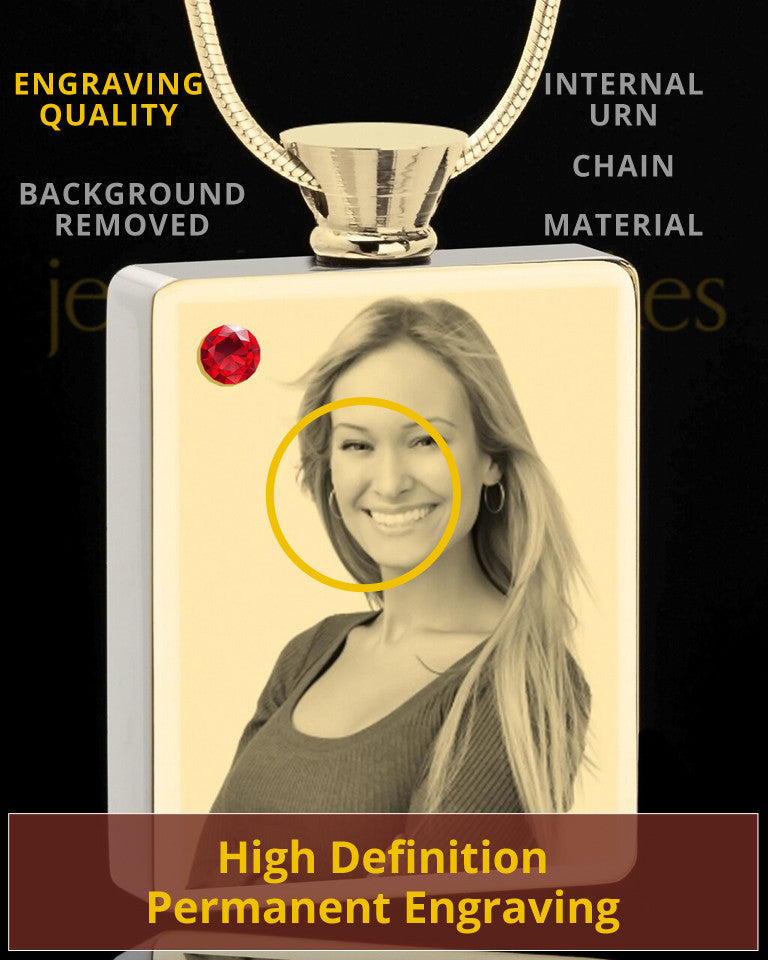 Photo Engraved July Gold Plated Rectangle Cremation Pendant