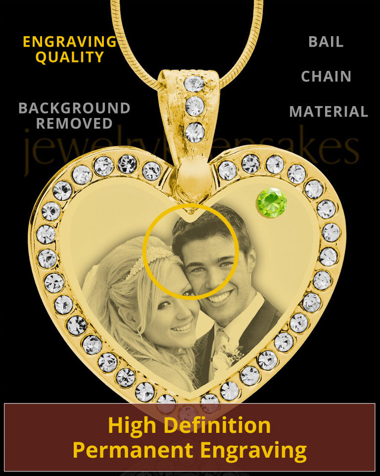 August Gold Gem Heart Birthstone Photo Engraved Pendant