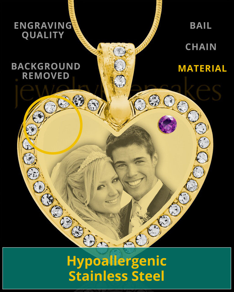 February Gold Gem Heart Birthstone Photo Engraved Pendant