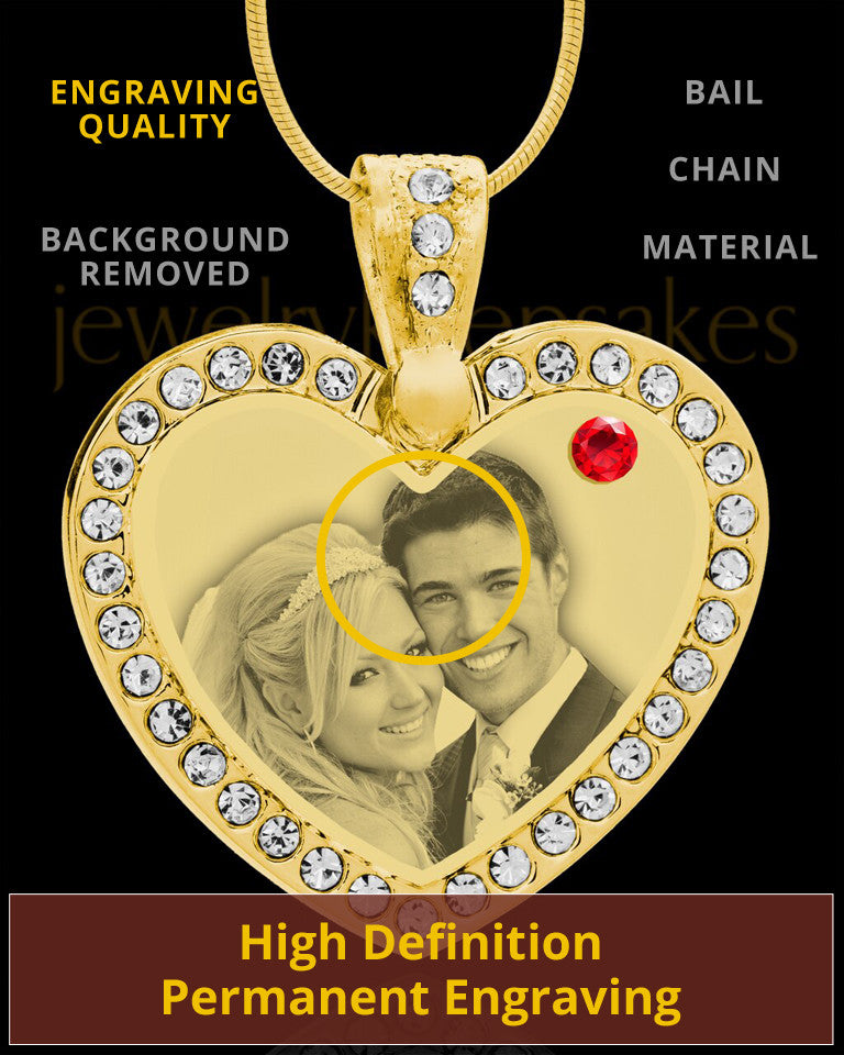 July Gold Gem Heart Birthstone Photo Engraved Pendant