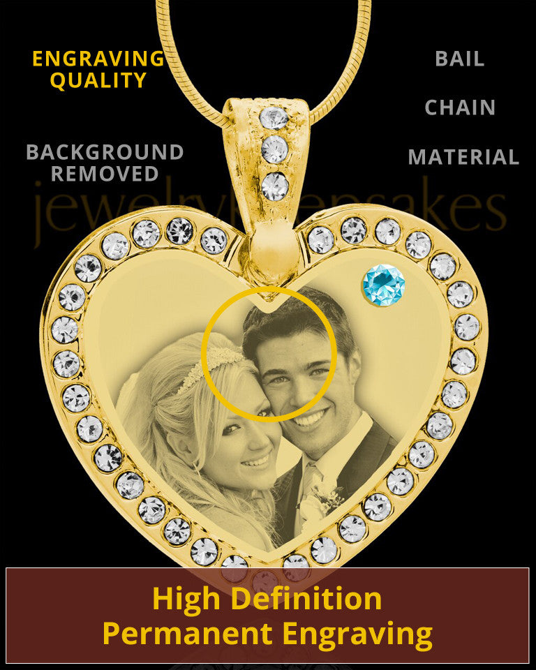 March Gold Gem Heart Birthstone Photo Engraved Pendant