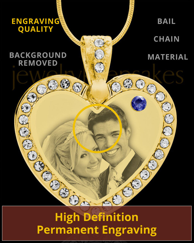 September Gold Gem Heart Birthstone Photo Engraved Pendant