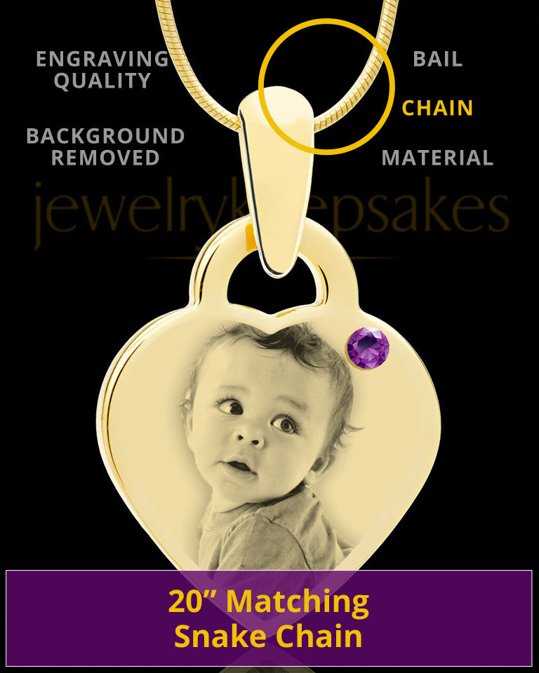 February Gold Small Photo Engraved Heart Pendant