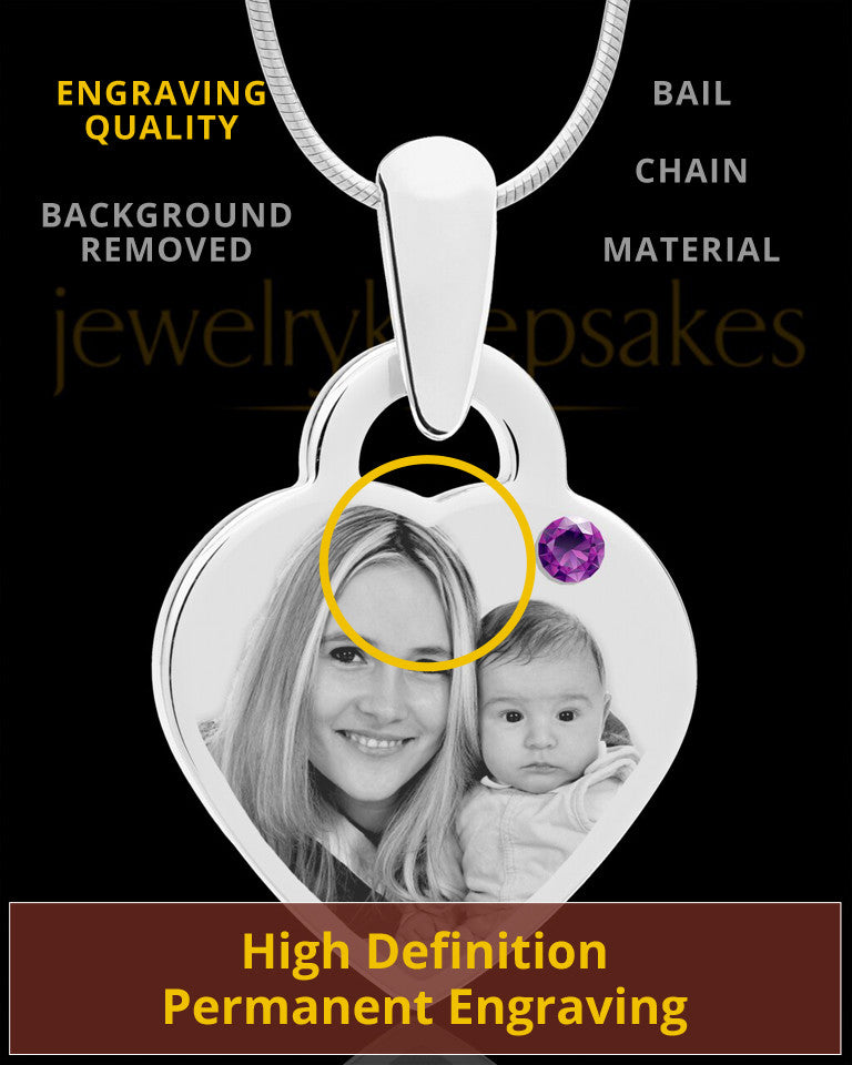 February Small Heart Stainless Photo Engraved Pendant