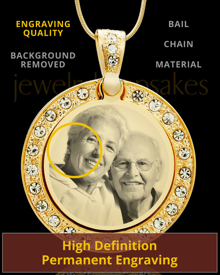 Gold Plated Photo Engraved Pendant Gem Circle over Stainless Keepsake