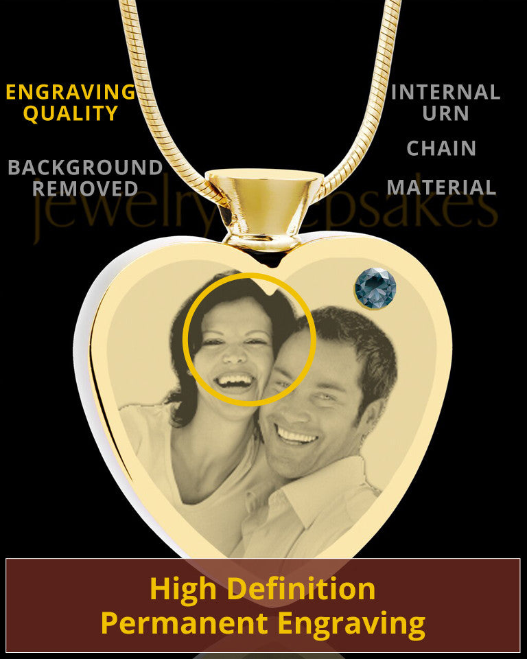 December Gold Plated Photo Engraved Heart Cremation Pendant