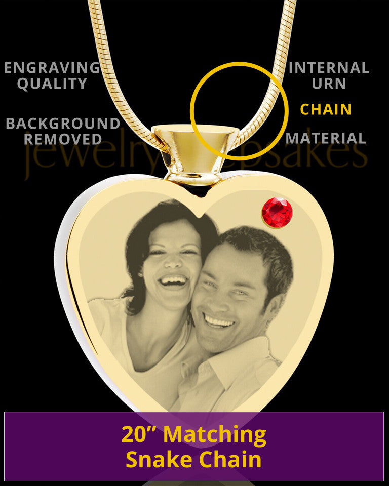 July Gold Plated Photo Engraved Heart Cremation Pendant