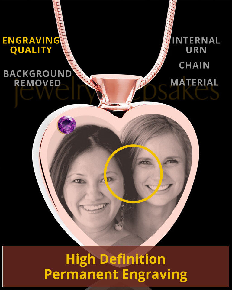 February Rose Gold Plated Heart Photo Engraved Cremation Pendant