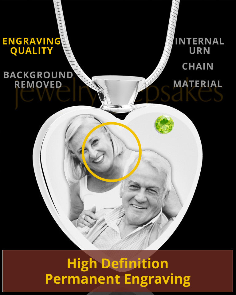 August Stainless Steel Photo Engraved Heart Cremation Pendant
