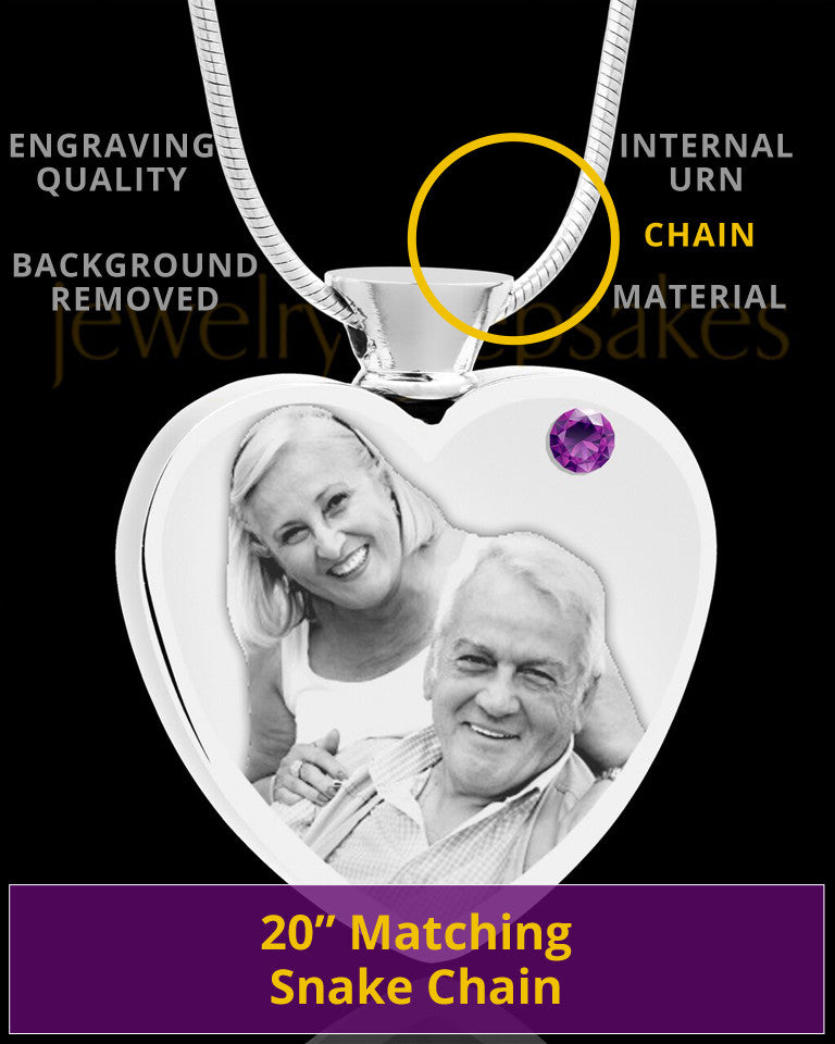 February Stainless Steel Photo Engraved Heart Cremation Pendant