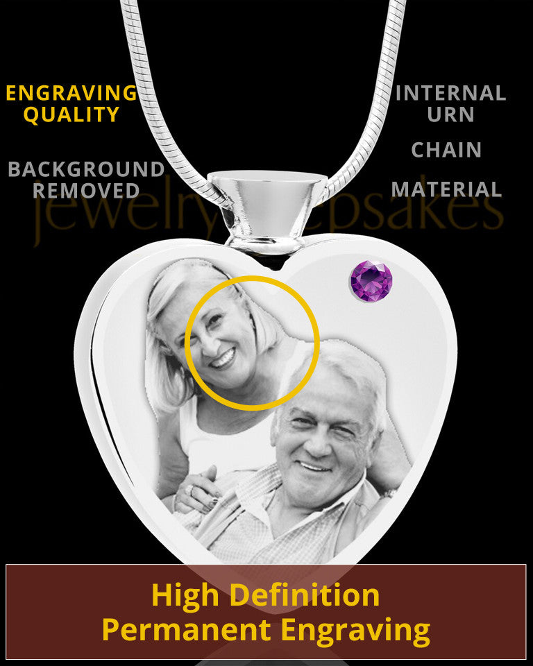February Stainless Steel Photo Engraved Heart Cremation Pendant