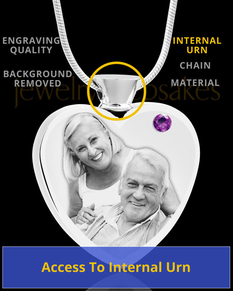 February Stainless Steel Photo Engraved Heart Cremation Pendant