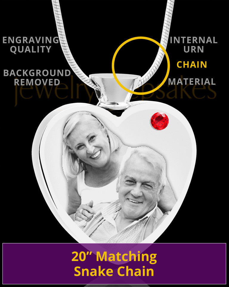 July Stainless Steel Photo Engraved Heart Cremation Pendant