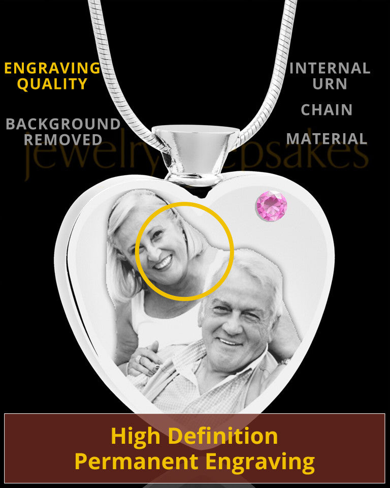June Stainless Steel Photo Engraved Heart Cremation Pendant