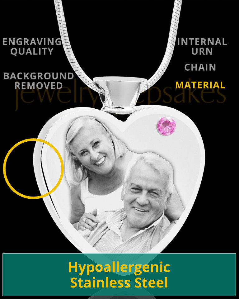 June Stainless Steel Photo Engraved Heart Cremation Pendant