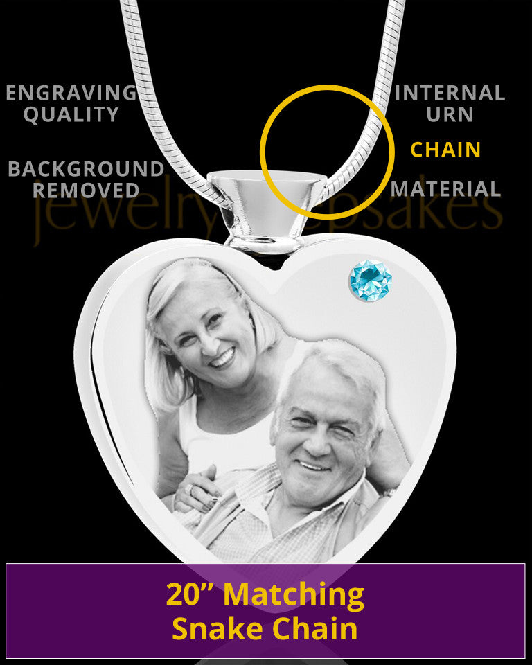 March Stainless Steel Photo Engraved Heart Cremation Pendant