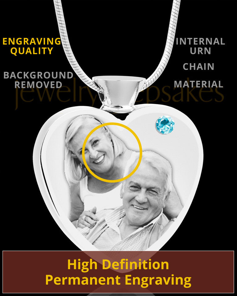March Stainless Steel Photo Engraved Heart Cremation Pendant