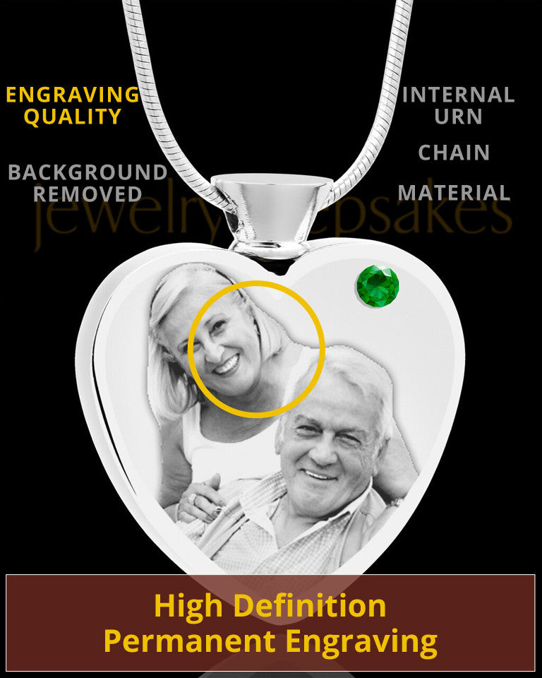 May Stainless Steel Photo Engraved Heart Cremation Pendant